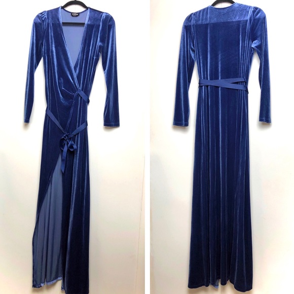 Bebe Velvet Maxi Wrap Dress Hurricane Blue - Picture 2 of 9